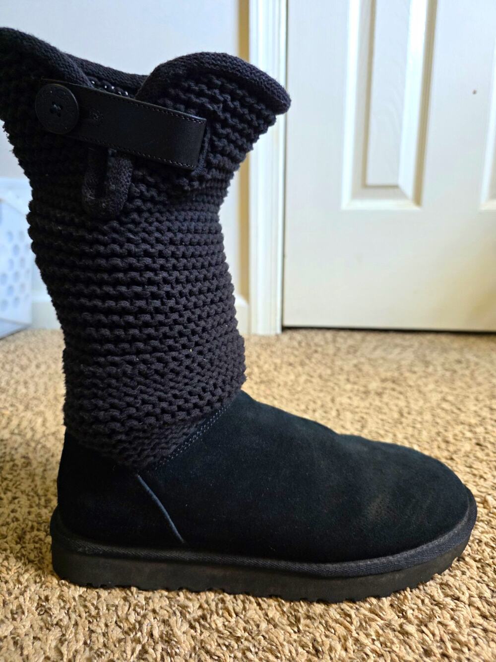 UGG Shaina Cardy Black Suede Knit Button Lined Mid-Calf Boots Women US 10